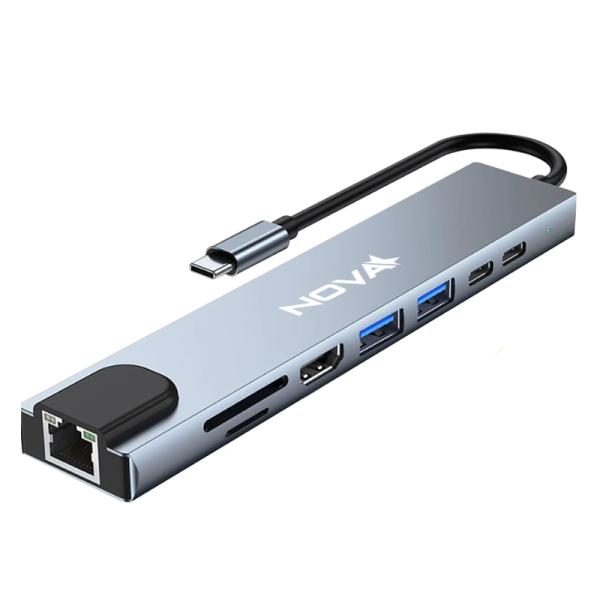 HUB INTELIGENTE NOVA FAA383CC 8 EN 1 USB-C 1 PUERTO MICRO SD 1 PUERTO TF CARD 1 PUERTO RJ45 1 PUERTO USB-C 2 PUERTOS USB-A 3.0 1