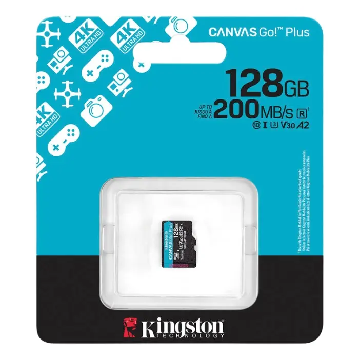 Kingston memoria microSDXC 128 GB canvas go plus gen4 200MB/s A2 U3 V30 card + ADP - SDCG4/128GB