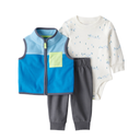 Conjunto 3 piezas chaleco de franela suave azul con body y pantalón