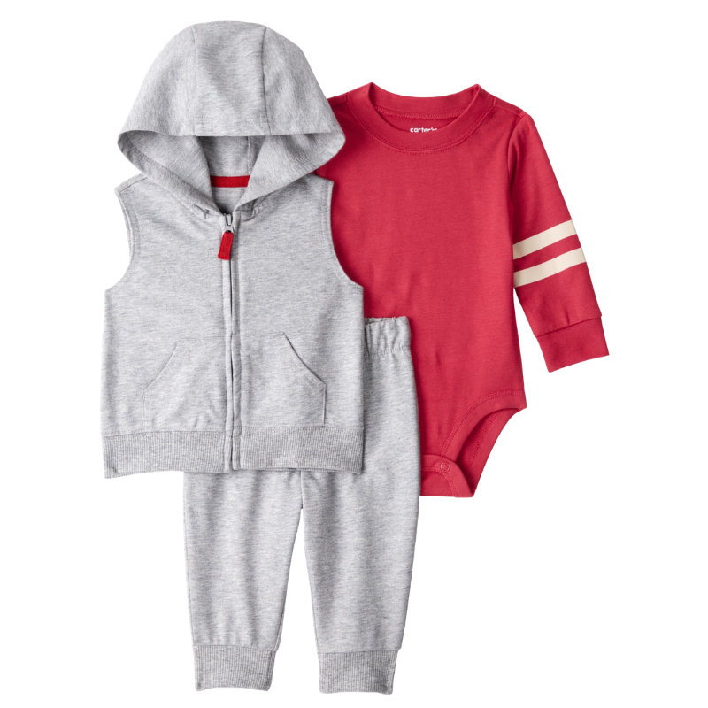 Conjunto 3 piezas chaleco con gorro gris, body rojo y pantalón