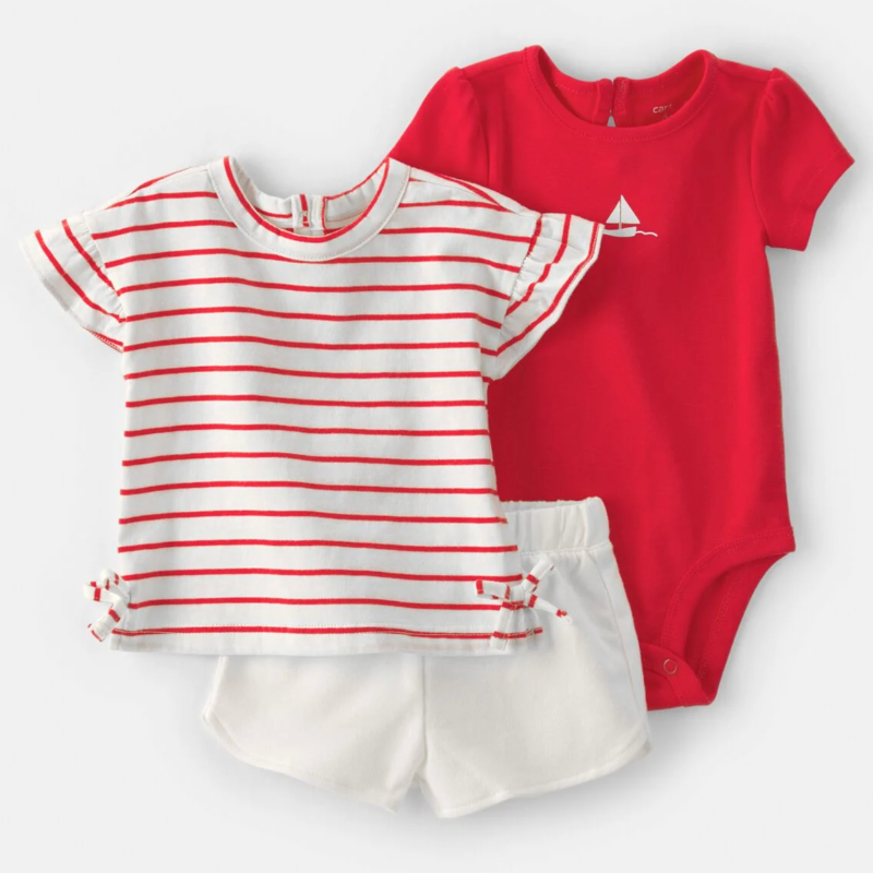 Conjunto 3 piezas short, blusa rayada y body rojo