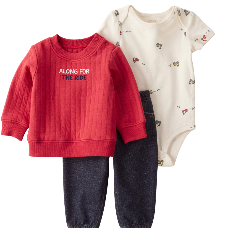 Conjunto 3 piezas suéter rojo, body estampado y pantalón