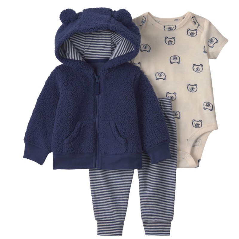 Conjunto 3 piezas con abrigo de osito, mameluco y pantalón para bebito